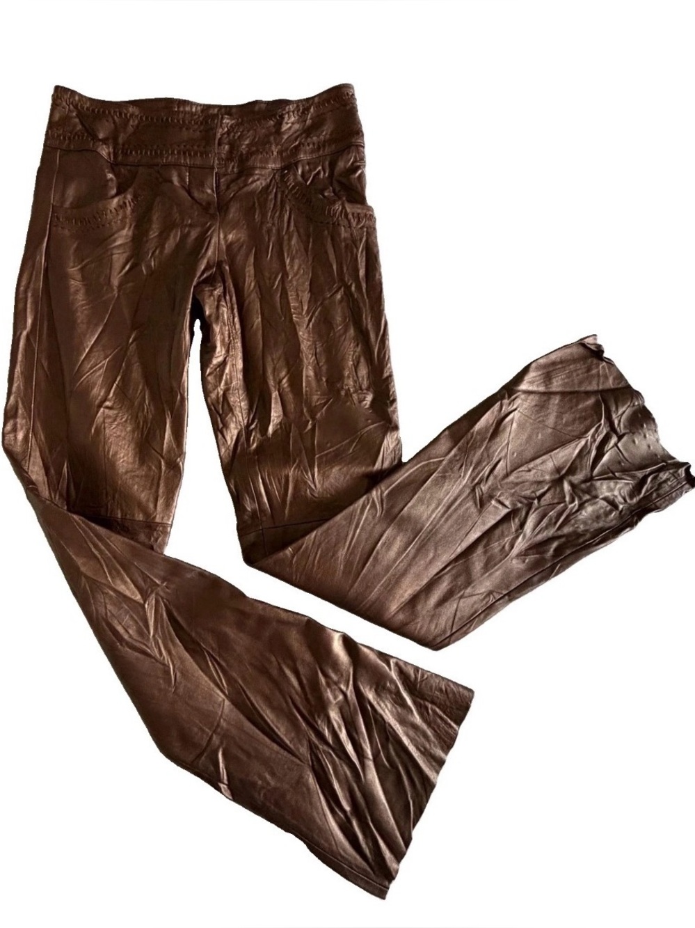 Caché Pants Womens 4 Brown Lamb Leather Bootcut Lined Dress Whipstitch Party